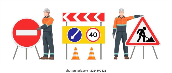 A Road Worker Stands At A Road Works And Stop Sign. Road Signs. Travel Ban. Road Repair. Vector Illustration