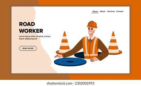 road worker vector. work construction, industry repair, street building, asphalt equipment, man job road worker web flat cartoon illustration