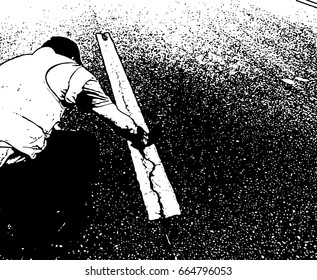 Road worker warping the cracks vector illustration