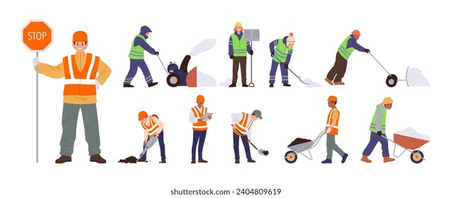 Road workers cartoon character repairing asphalt, removing snow after winter blizzard isolated set