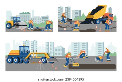 Road workers constructing asphalt cover surface highway on city silhouette using machinery. Drilling machine, roller, truck, excavator, loader repair road surfaces flat vector illustration set