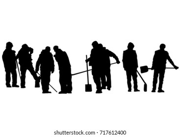 Road workers and construction equipment on a white background