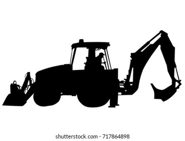 Road workers and construction equipment on a white background