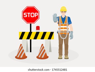 road workers signaling stop. Flat character.