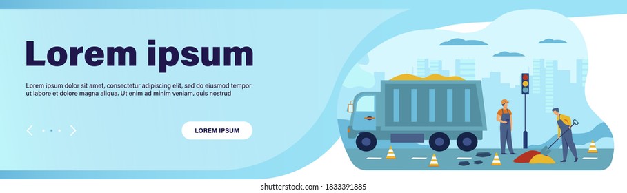 Road workers spreading asphalt on street, repairing highway, working near heavy car. Vector illustration for labor, city maintenance, engineering concept