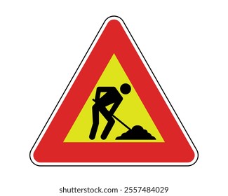 Road Works Ahead Sign Featuring a Triangular Shape with a Red Border and Yellow Background, Indicating Ongoing Road Maintenance Activities, Available as a Vector File