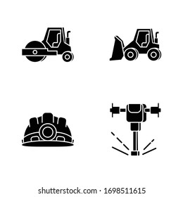 Road works black glyph icons set on white space. Bulldozer for construction work. Roller for paving. Laying asphalt. Builder equipment. Silhouette symbols. Vector isolated illustration