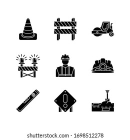 Road Works Black Glyph Icons Set On White Space. Traffic Cone. Road Barrier. Roller Truck. Siren On Path Block. Builder And Engineer Equipment. Silhouette Symbols. Vector Isolated Illustration