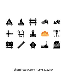 Road works black glyph icons set on white space. Roadsign for construction. Worker in safety helmet. Bulldozer truck. Roller for laying pavement. Silhouette symbols. Vector isolated illustration