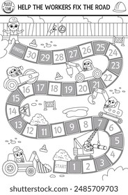 Road works black and white dice board game for children with kid driver, transport, bulldozer, tractor, crane. Construction site line boardgame.  Track repair service printable activity, coloring page