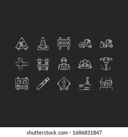 Road works chalk white icons set on black background. Roadsign for construction. Worker in safety helmet. Bulldozer truck. Roller for laying pavement. Isolated vector chalkboard illustrations