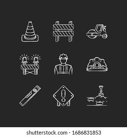 Road works chalk white icons set on black background. Traffic cone. Road barrier. Roller truck. Siren on path block. Builder and engineer equipment. Isolated vector chalkboard illustrations