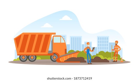Obras de construcción de carreteras, trabajadores de la construcción en edificios y cascos de seguridad que reparan carreteras asfaltadas, construcción pesada e iluminación vectorial