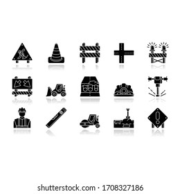 Road works drop shadow black glossy icons set. Roadsign for construction. Worker in safety helmet. Bulldozer truck. Roller for laying pavement. Isolated vector illustrations on white space