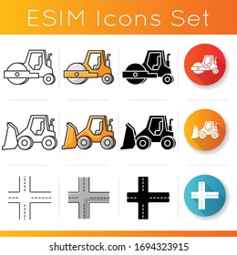 Road works icons set. Compactor type vehicle for construction works. Roadworks transportation. Roller truck, bulldozer. Crossroad way. Linear, black and RGB color styles. Isolated vector illustrations