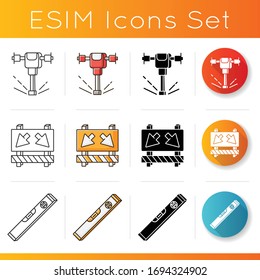 Road works icons set. Construction and demolition tool. Roadsign to change route. Waterpass tool. Roadblock on street with arrows. Linear, black and RGB color styles. Isolated vector illustrations