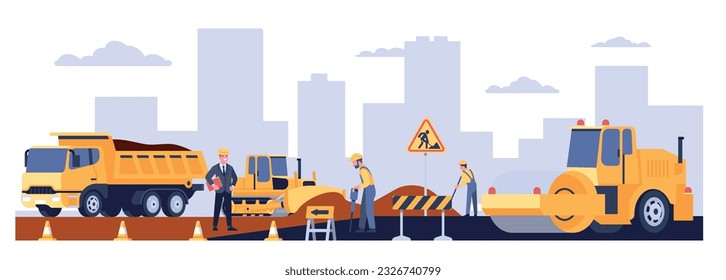 Road works on construction of new highway with special equipment. Workman in overalls. Workers brigade repairing street. Truck and paver. Asphalt laying. Roadway