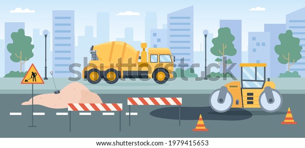 Road works. Pavement repair with asphalt\
roller, concrete mixer and street barriers. City roads maintenance\
service machines vector concept. Illustration repair road, industry\
construction