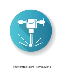 Road works perforator blue flat design long shadow glyph icon. Construction and demolition tool. Pneumatic instrument drilling in surface. Worker hardware. Silhouette RGB color illustration