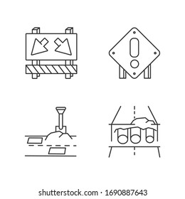 Road works pixel perfect linear icons set. Traffic sign for cars to take detour. Patching paving. Customizable thin line contour symbols. Isolated vector outline illustrations. Editable stroke