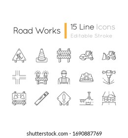 Road works pixel perfect linear icons set. Roadsign for construction. Worker in safety helmet. Customizable thin line contour symbols. Isolated vector outline illustrations. Editable stroke