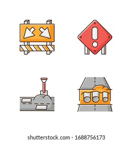 Road works RGB color icons set. Traffic sign for cars to take detour. Attention roadsign. Patching paving. Pipe replacement. Civil engineering and construction. Isolated vector illustrations