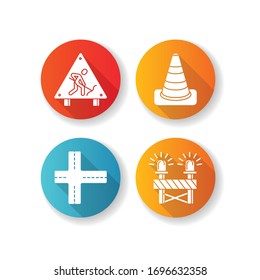 Road works RGB color icons set. Construction ahead sign. Traffic cone. Crossroads and path intersection. Siren on striped barrier. Road block for highway. Isolated vector illustrations