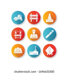 Road works RGB color icons set. Traffic cone. Road barrier. Roller truck. Siren on striped path block. Builder and engineer equipment. Waterpass to measure accuracy. Isolated vector illustrations