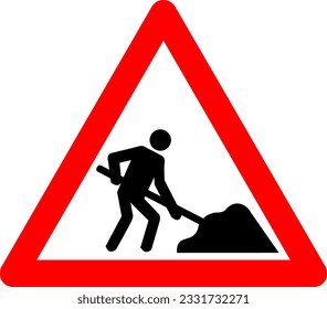 Road works sign. Attention, road works are underway. Warning sign work on road. Red triangle sign with silhouette working person inside.