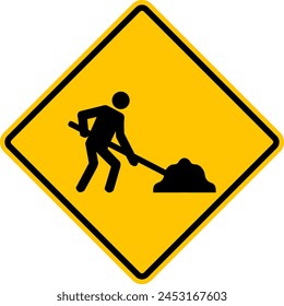 Road works sign. Attention, road works are underway. Warning yellow diamond sign. Diamond road sign. Rhomb road sign.