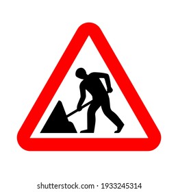 Road works sign, under construction. Warning red road sign, triangle shape with red border, working man isolated on white background. Vector illustration.