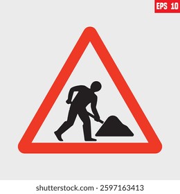 Road works sign, Under construction road warning sign. Red glossy road sign with working man isolated on white background. Vector illustration of red triangle mark with working man inside.