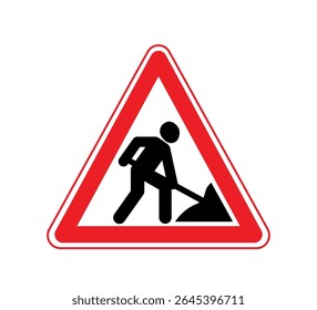 Road works sign, under construction. Warning red road sign, triangle shape with red border, working man.
