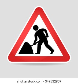 Road works sign, under construction. Warning red road sign, triangle shape with red border, working man isolated on white background.