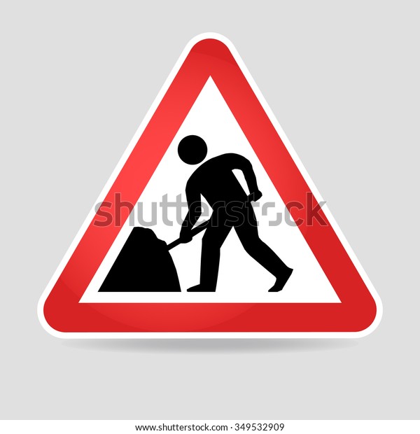 Road works sign, under construction. Warning\
red road sign, triangle shape with red border, working man isolated\
on white background.