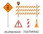 Road works signs set, flat vector illustration. Work road ahead, orange warning sign, striped warning posts, barricade, traffic cone, cartoon elements set. Traffic caution warning signs concept.
