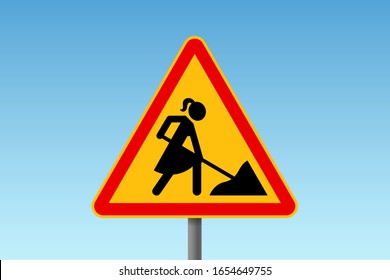 Road Works Traffic Sign With Stylized Woman Figure Wearing Dress, Digging Instead Of Male Worker. Concept Of Woman Emancipation, Equal Rights And Equality At Work