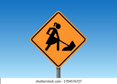 Road works traffic sign with stylized woman figure wearing dress, digging instead of male worker. Concept of woman emancipation, equal rights and equality at work