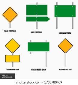 Road yellow and green traffic signs set. Blank board with place for text. Mock up Isolated information sign. Direction Vector illustration