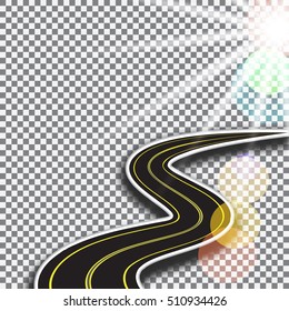 Road with yellow markings, receding into the distance. Abstract 3d. Sunlight. Vector illustration