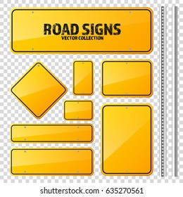 Road yellow traffic sign. Blank board with place for text.Mockup. Isolated information sign. Direction. Vector illustration.Transparent background.