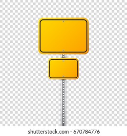 Road yellow traffic sign. Blank board with place for text.Mockup. Isolated information sign. Direction. Vector illustration.Transparent background.