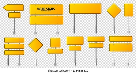 Road yellow traffic signs set. Blank board with place for text. Mockup. Isolated information sign. Direction. Vector illustration