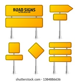 Road yellow traffic signs set. Blank board with place for text. Mockup. Isolated information sign. Direction. Vector illustration