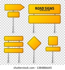 Road yellow traffic signs set. Blank board with place for text. Mockup. Isolated information sign. Direction. Vector illustration