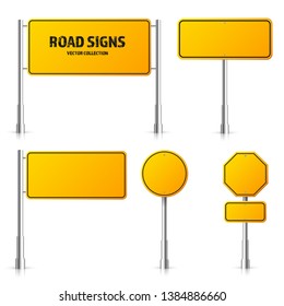 Road yellow traffic signs set. Blank board with place for text. Mockup. Isolated information sign. Direction. Vector illustration