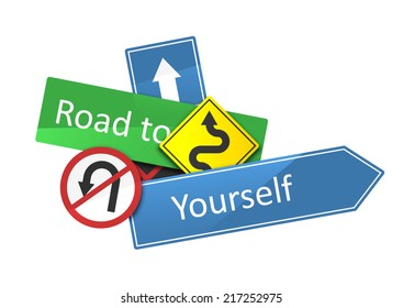 Road to yourself text on a dynamic composition of roadsigns isolated on white. EPS10 vector illustration.