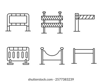 Roadblock barrier line icons set. Road barrier symbol. Guardrail or Road barrier vector collections. road block and pedestrian barrier. Under construction icons.