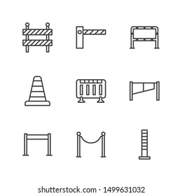 Roadblock flat line icons set. Barrier, crowd control barricades, rope stanchion vector illustrations. Outline signs for pedastrian safety, roadwork. Pixel perfect. Editable Strokes.