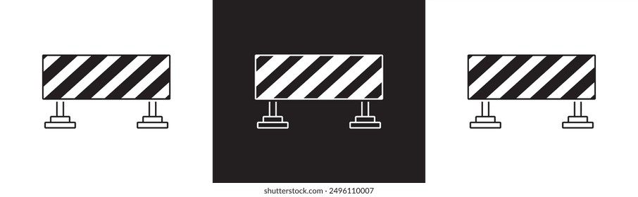 Roadblock icon. Roadblock safety and road repair sign icon, road closure and pedestrian barrier symbol, visibility barrier flat. Stop blocking traffic.  traffic barrier isolated on black white.